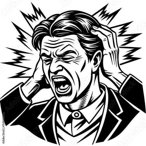 Stressed man screaming with hands on head isolated on white background