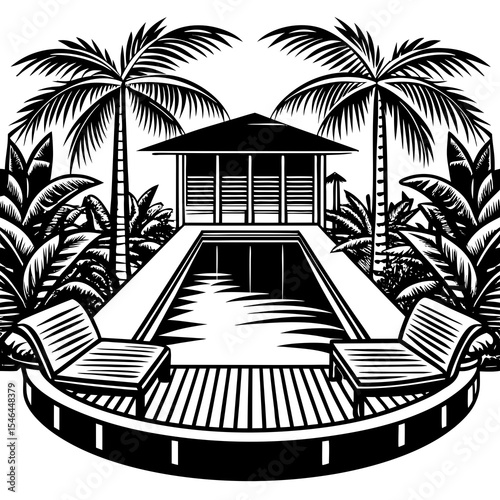 Swimming pool with gazebo and palm trees isolated on white background