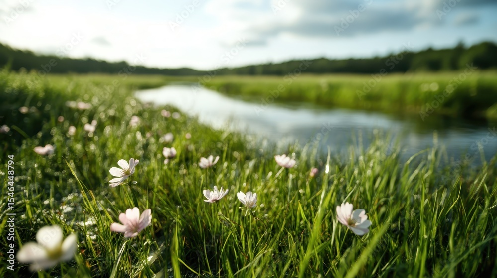Obraz premium A peaceful scene showcases delicate pink wildflowers flourishing by a calm stream, reflecting the richness of nature and the serenity that comes with living in harmony with the environment.