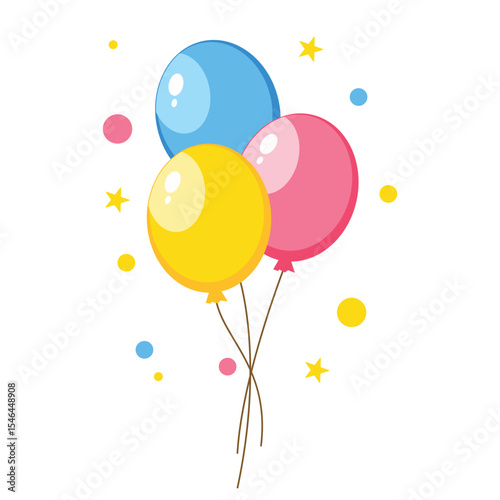 Three colorful balloons floating with confetti and stars, celebration illustration