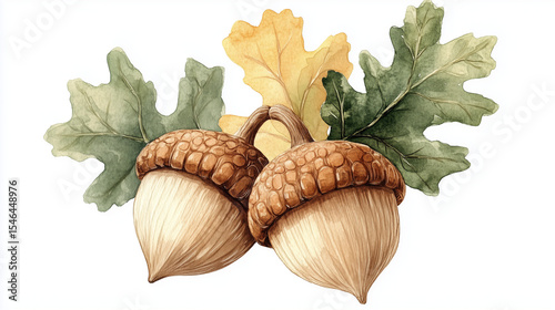 Watercolor illustration of twin acorns with oak leaves, earthy autumn colors, forest harvest and seasonal decor