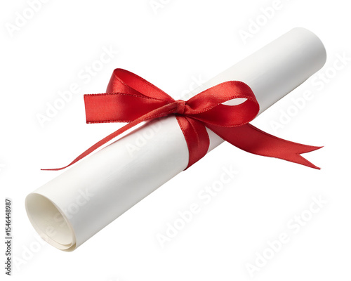 white paper scroll tied with red ribbon diagonal layout