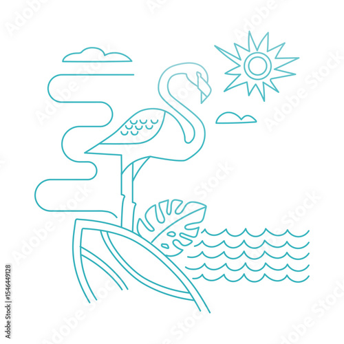 Minimalist summer concept design with with flamingo, surfboard, sea and sun illustration. Linear simple, modern style. 