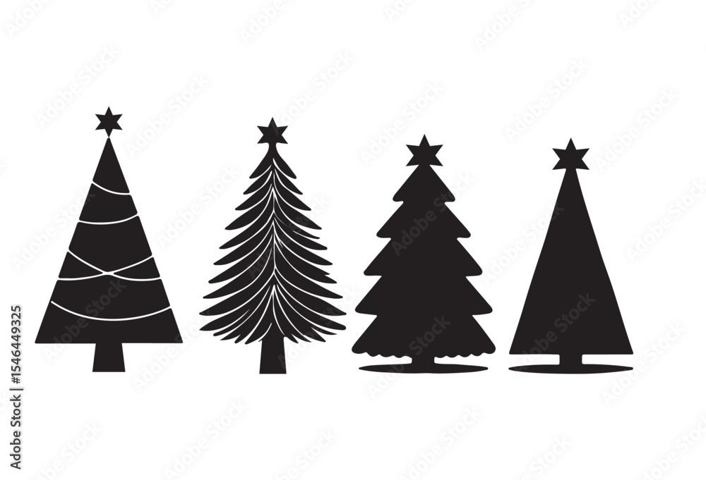 Obraz premium our black and white silhouettes of Christmas trees, varying in style and detail. Perfect for holiday cards, decorations, or other winter-themed projects.