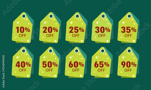 A set of ten green and teal polka dot discount tags from 10% to 90% off.. Ideal for e-commerce, banners, and print ads, clearly showcasing various discounts for retail marketing.