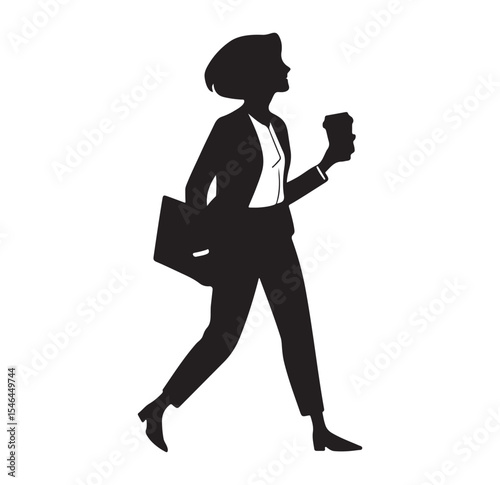  Silhouette of a professional woman walking confidently with coffee and a folder in hand, representing modern business lifestyle in minimalist vector style.
