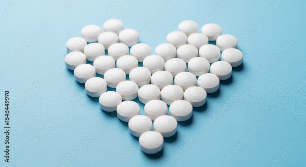 Heartfelt Healthcare: A Symbolic Image of White Pills Arranged in a Heart Shape on a Blue Background Heartfelt Healthcare: A Symbolic Image of White Pills Arranged in a Heart Shape on a Blue Background
