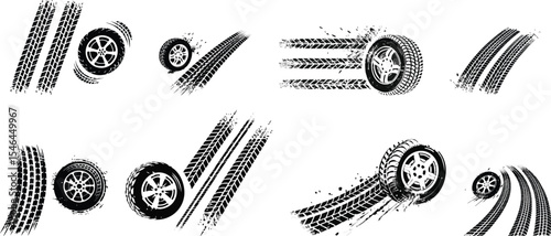 tyre and tyre prints on road set vector illustration