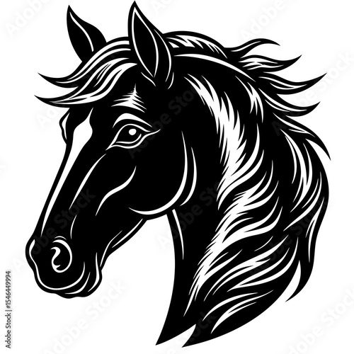 Black horse head with white markings isolated on white background