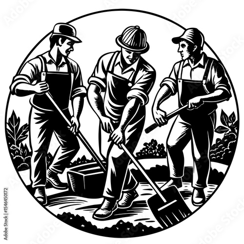 Construction workers planting isolated on white background