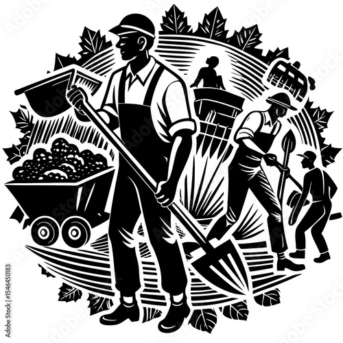 Farmers harvesting crops isolated on white background