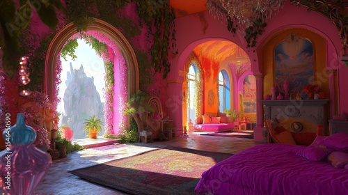 Opulent pink and gold fantasy room with large round window and luxurious furnishings.