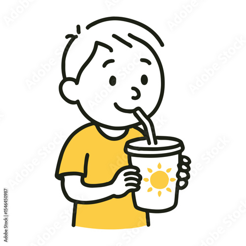 Child Drinking from Cup with Straw. Happy Child Character in Yellow Shirt, Doodle Sketch Style Vector Illustration