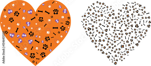 Heart shaped design filled with pet paw prints and bones, perfect for animal lovers.