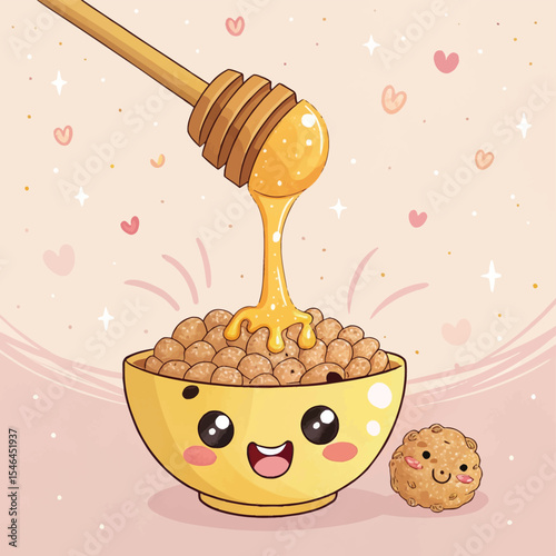 Kawaii Honey Dipper Dripping onto Smiling Granola – Cute Food Vector Art