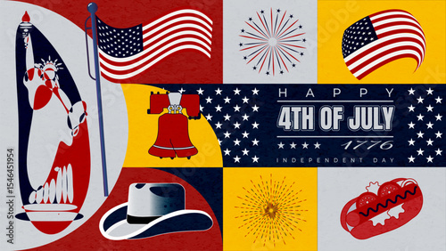 4th of July,Independence Day USA  A bold, colorful collage of American symbols like the Statue of Liberty, Liberty Bell, fireworks, and hot dog. Perfect for July 4th event promos or patriotic design