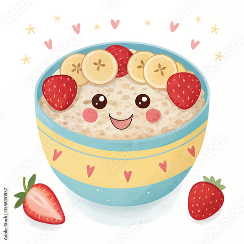 Kawaii Oatmeal Bowl with Strawberries and a Smiling Face