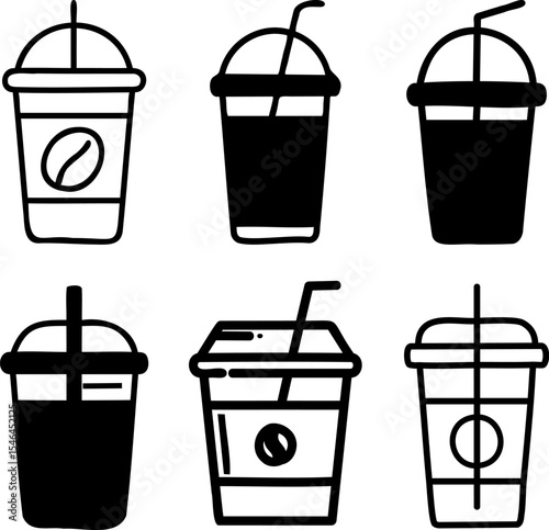Iced Coffee Drink Cup Icon Set with Straw Minimal Black Line Style