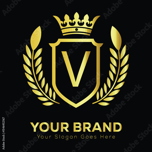 Golden heraldic shield vector emblem with a vintage laurel wreath decoration LOGO V