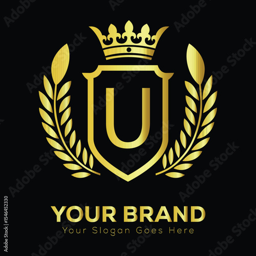 Golden heraldic shield vector emblem with a vintage laurel wreath decoration LOGO U