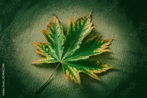 A photograph of a single vibrant green maple leaf resting on a textured halftone background