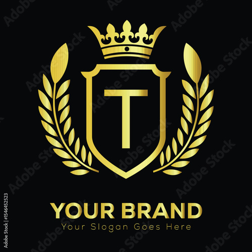 Golden heraldic shield vector emblem with a vintage laurel wreath decoration LOGO T
