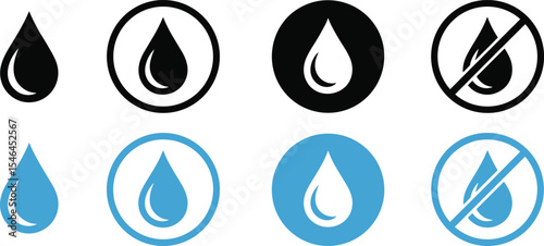 Water Drop and No Leak Icons: Featuring Droplet Symbols in Black, Blue, and Prohibition Sign Variations for Water, Plumbing, Conservation, and Waterproof Concepts.