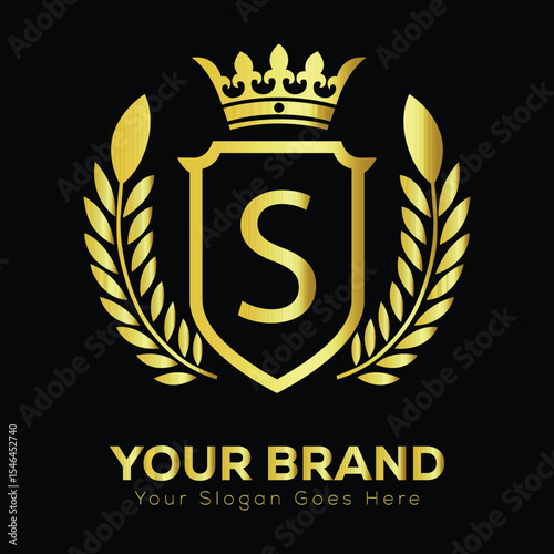 Golden heraldic shield vector emblem with a vintage laurel wreath decoration LOGO S