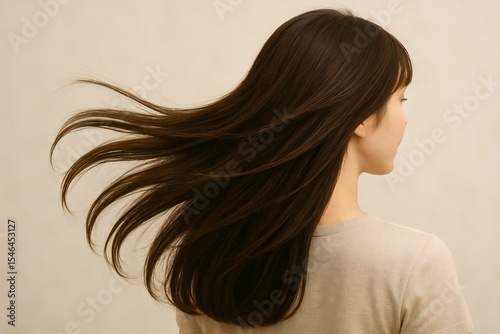 ヘアケアイメージに最適な、艶やかなロングヘアの若い女性