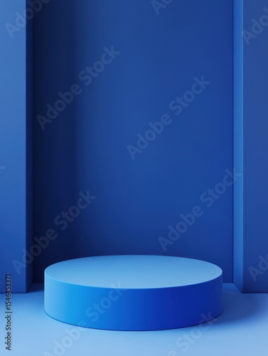 high resolution picture of Blank blue podium for product presentation. Color round pedestal placed on studio floor. high detail 8k