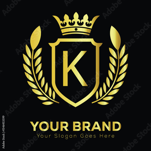 Golden heraldic shield vector emblem with a vintage laurel wreath decoration LOGO K