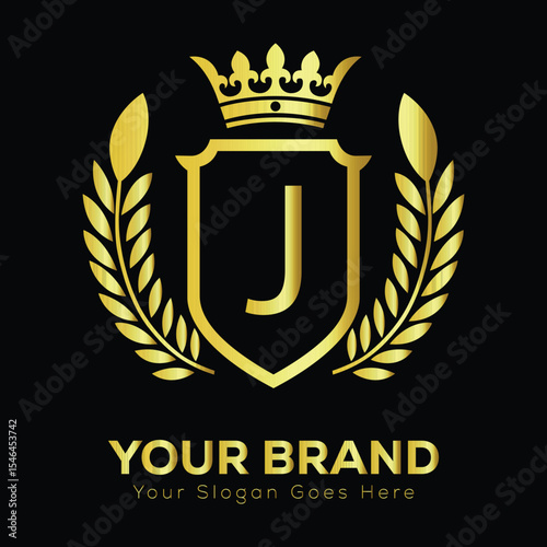 Golden heraldic shield vector emblem with a vintage laurel wreath decoration LOGO J