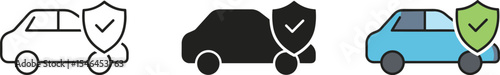 Car Protection and Insurance Icons: Featuring Vehicle with Shield and Checkmark in Outline, Solid, and Colored Styles for Automotive Security and Policy Concepts.