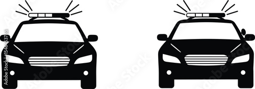 Front View Police Patrol Car Icons: Black Silhouettes with Flashing Lights, Representing Law Enforcement, Emergency Services, Security, and Public Safety Vehicles.