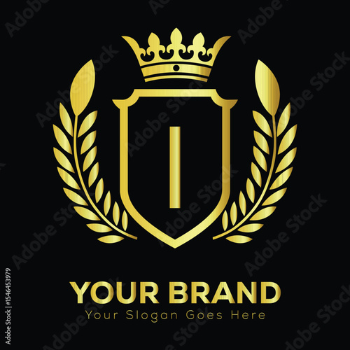 Golden heraldic shield vector emblem with a vintage laurel wreath decoration LOGO I