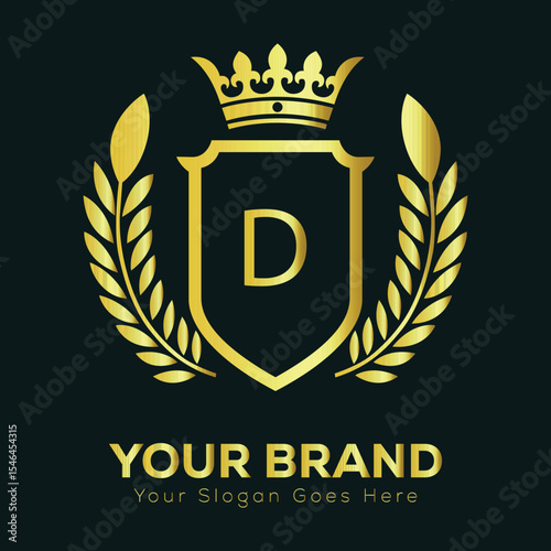 Golden heraldic shield vector emblem with a vintage laurel wreath decoration LOGO D