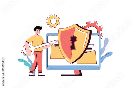 Flat illustration of person holding key to decrypting encoded data information security