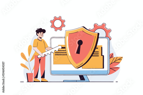 Flat illustration of person holding key to decrypting encoded data information security