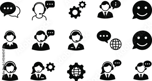 Comprehensive Customer Service Icons: Headset, Chat Bubble, Operator, Support, Global Communication, and Settings Symbols for Call Centers, Helpdesks, and Online Assistance.