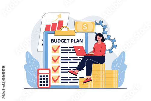 
Business planning web concept with character scene. Businesswoman makes tasks list, optimizes company budget. People situation in flat design. Vector illustration for social media marketing material