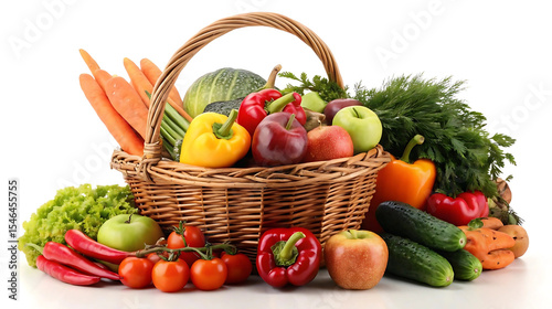 Fototapeta Naklejka Na Ścianę i Meble -  Basket of fresh fruits and vegetables on white background, ideal for organic market ads, healthy lifestyle blogs, diet plans, vegetarian meal prep visuals