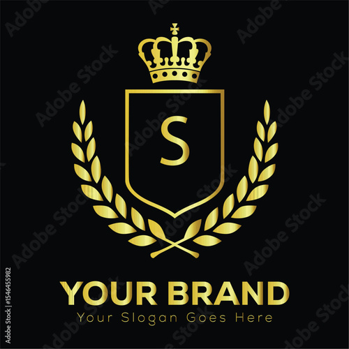 Golden shield and laurel wreath S vector emblem with royal heraldic design