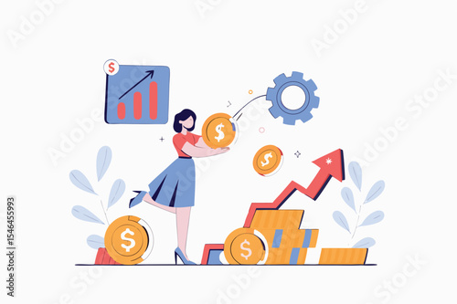 Investment web concept with cartoon people design. Woman investing her savings and personal finances in new business project, earning money. Flat vector illustration isolated on white background.