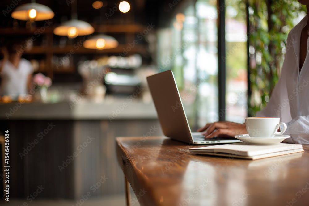 custom made wallpaper toronto digitalPhoto of a freelancer working on a laptop at a cozy urban cafe, sitting at a wooden table with notebook and coffee cup