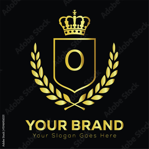 Golden shield and laurel wreath O vector emblem with royal heraldic design