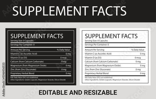 Supplement Facts Label Example with Editable and Resizable Design in Black and White Format