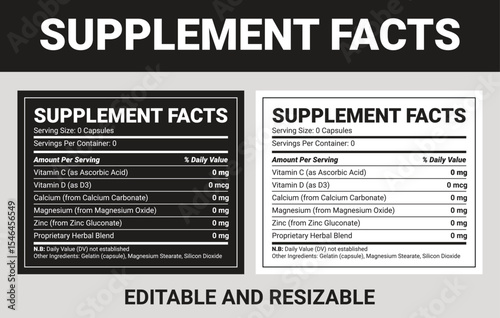 Editable Supplement Facts Nutrition Label with Vitamin C, D, Calcium, Magnesium and Zinc