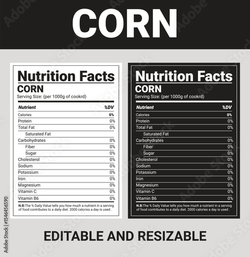 Corn Nutrition Facts Label Showing Daily Values, Editable, Black and White Comparison, Resizable Text