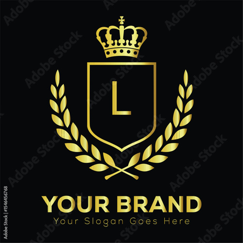 Golden shield and laurel wreath L vector emblem with royal heraldic design