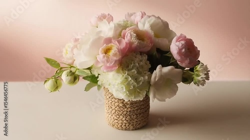 Floral arrangement in woven vase with soft pink background  